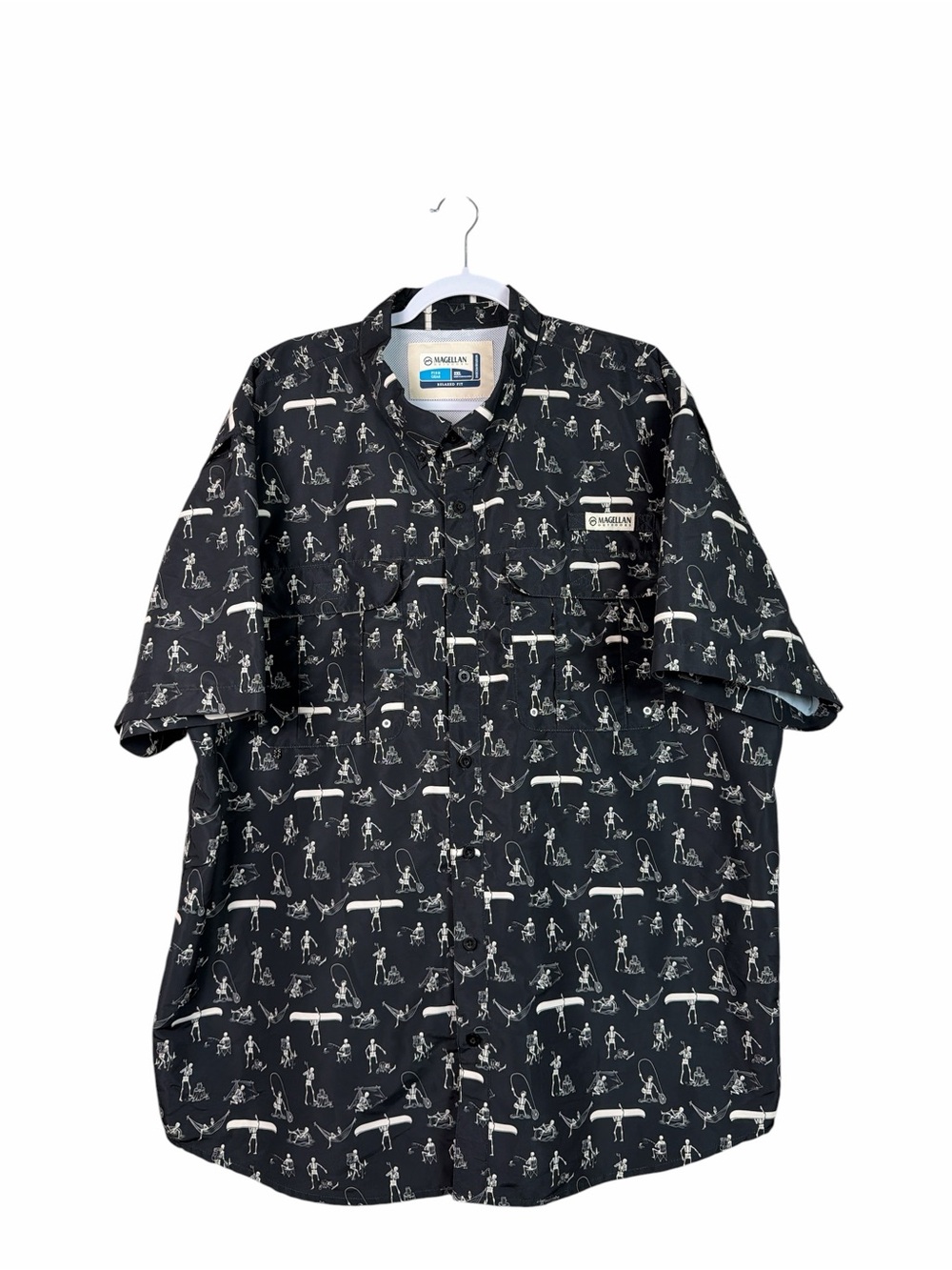 Magellan Outdoors Men’s 2XL Skeleton Fishing Shirt Black Halloween Camp